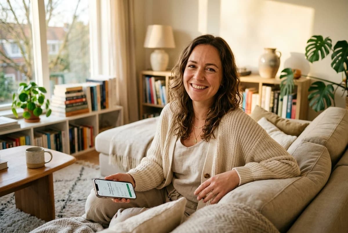 Satisfied CallerFilterPro customer enjoying calm phone communication at home